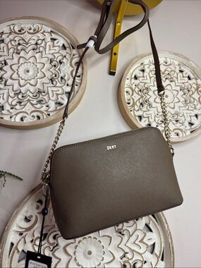 DKNY Taupe Saffiano Crossbody Bag with Chain Strap